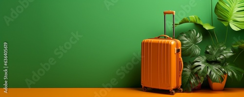 Lush orange luggage ready for going travel on green background, with copy space, bright color backgrounds. photo