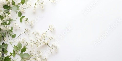 Styled stock photo. Feminine wedding desktop mockup with baby's breath Gypsophila flowers, dry green eucalyptus leaves, satin ribbon and white background. Empty space. Top view. Picture for blog. 