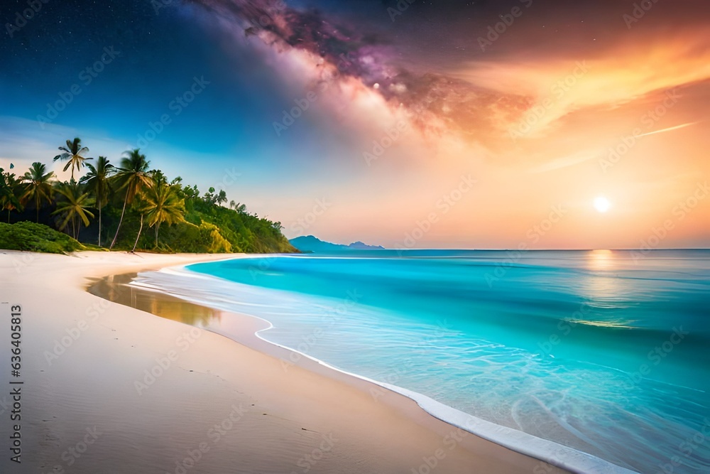 Beautiful fantasy tropical beach with Milky Way star in night skies, full moon Beautiful fantasy tropical beach with Milky Way star in night skies, full moon