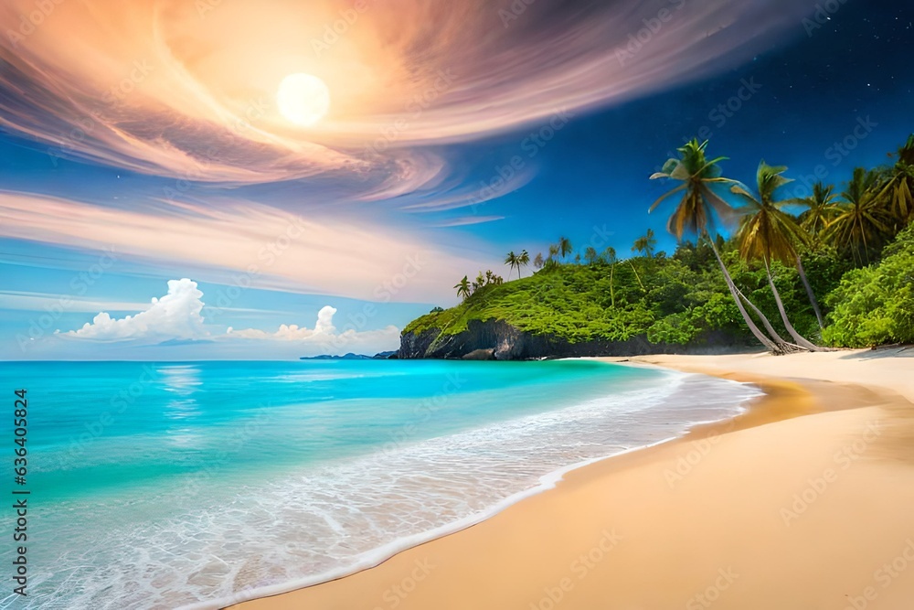 Beautiful fantasy tropical beach with Milky Way star in night skies, full moon