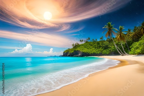 Beautiful fantasy tropical beach with Milky Way star in night skies, full moon © Pretty Panda