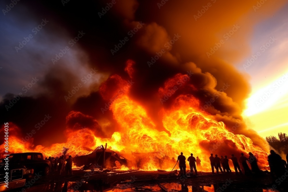 Firefighters extinguishing huge fire burning house industrial facility rescuing people fighting flames safety teamwork rescue spraying water firefighter service outdoors safety equipment protection