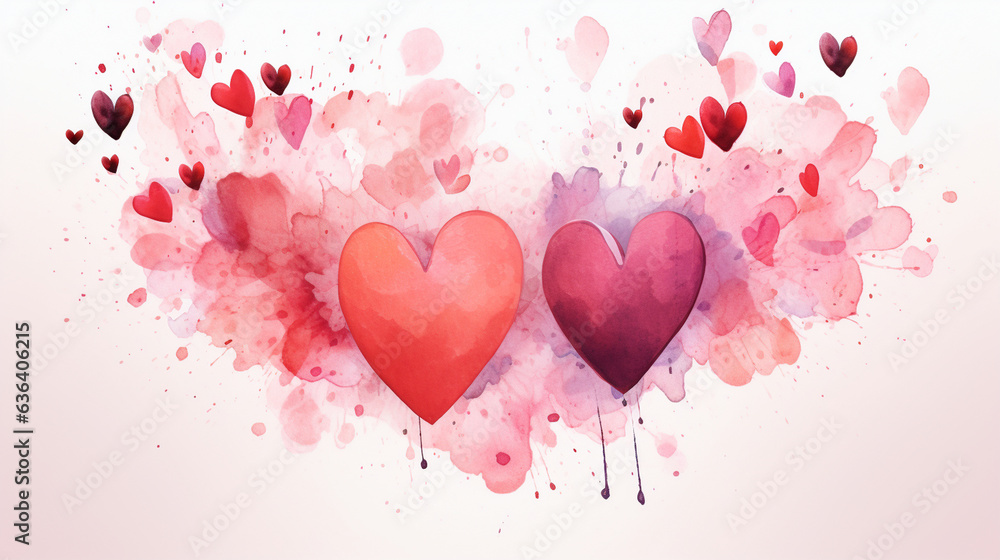 Festive Valentine's Day Love Heart Design - Vector Greeting Card Background Template adorned with Abstract Watercolor Aquarelle Pink and Red Brushstrokes forming Hearts, elegantly .