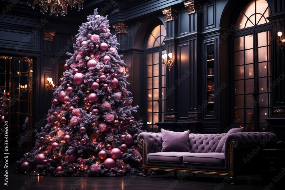 Decorated Christmas tree with colorful balls in a luxurious interior, new year tradition, merry xmas