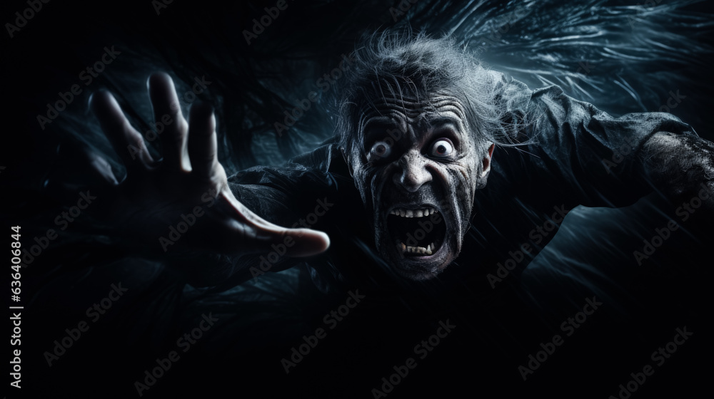 Being chased by a monster shocked face of a person dark background with a place for text photorealism, Halloween  - obrazy, fototapety, plakaty 