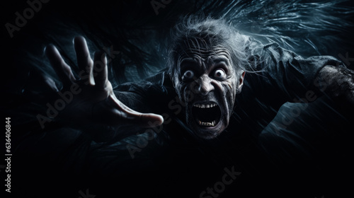 Being chased by a monster shocked face of a person dark background with a place for text photorealism, Halloween 
