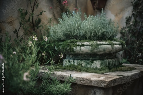 Rosemary garden with antique fountain and delicate flowers., generative IA