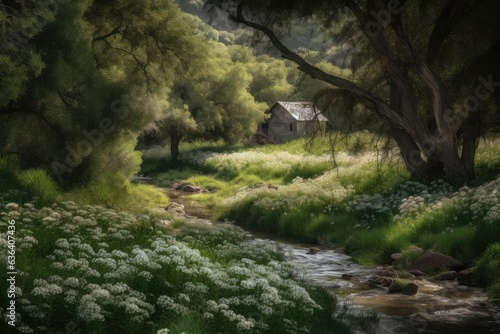 Rosemary bush in bloom next to stream and picturesque barn.  generative IA