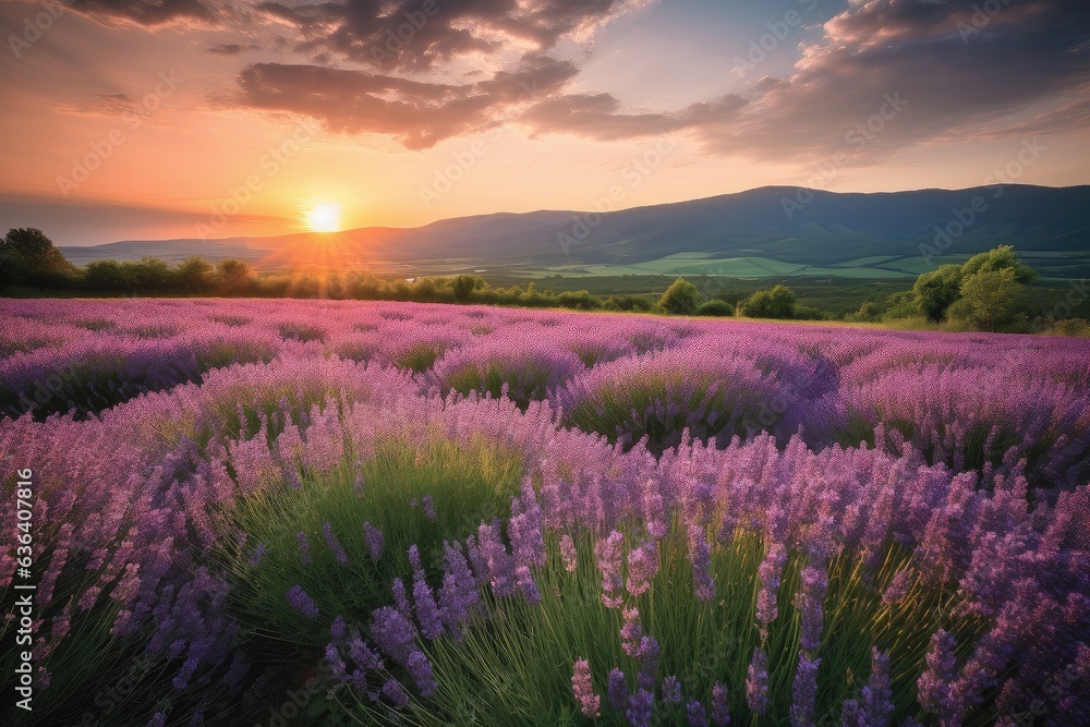 Obraz premium Purple lavender field under setting sun, butterflies and mountains in the background., generative IA