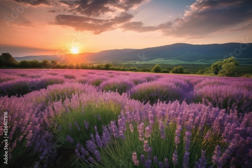 Purple lavender field under setting sun, butterflies and mountains in the background., generative IA
