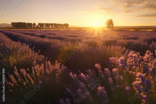 In the lavender field at dusk, a lone flower glows in the golden light., generative IA