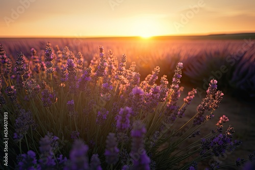 In the lavender field at dusk, a lone flower glows in the golden light., generative IA