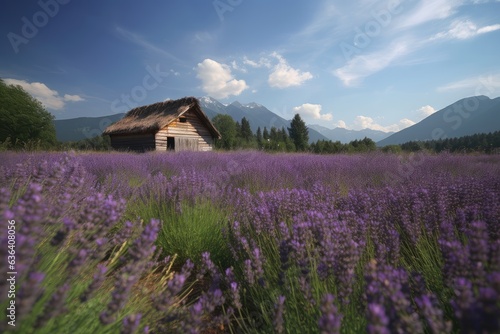 Lavender field surrounding rustic cabin under blue sky., generative IA