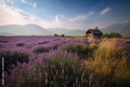 Lavender field surrounding rustic cabin under blue sky., generative IA