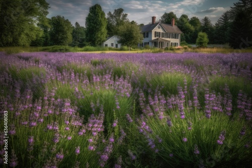 Lavender field with quaint farmhouse., generative IA