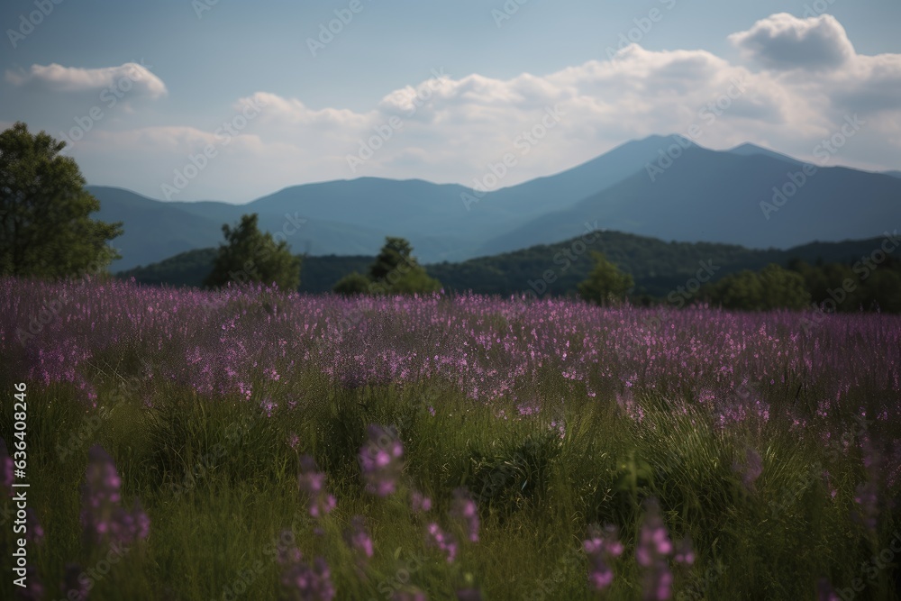 Lavender field in soft purple waves, bees and distant mountains., generative IA