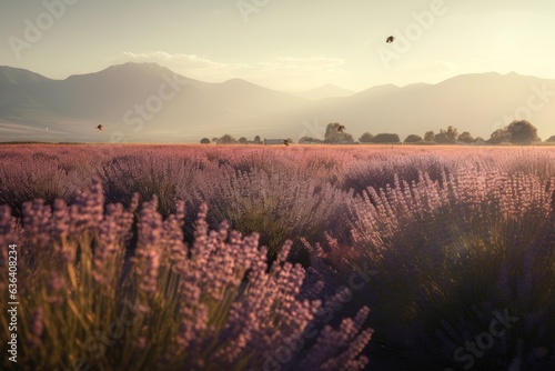 Lavender field in soft purple waves  bees and distant mountains.  generative IA
