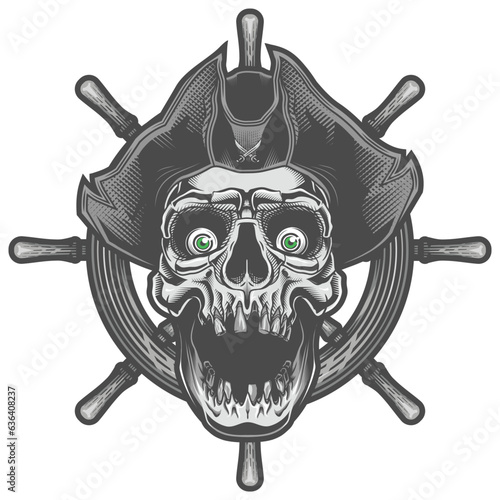 Ghost Pirate vintage label poster. Vector illustration in engraving technique of pirate skull with hat and steering wheel on decorative dark grunge background.