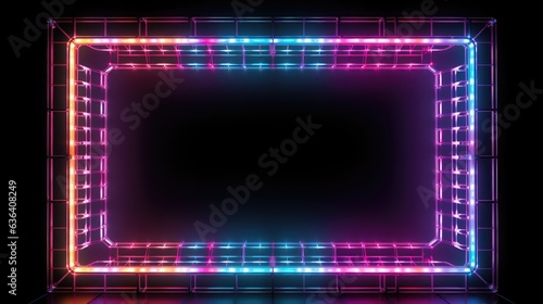 A luminous neon grid frame, adorned with radiant colored lights, stands out starkly against a jet-black backdrop. 