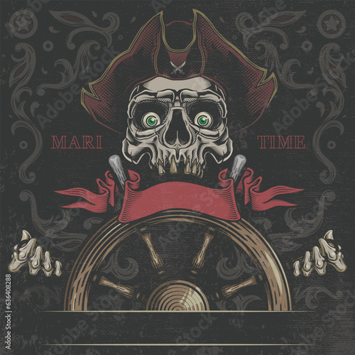 Ghost Pirate vintage label poster. Vector illustration in engraving technique of pirate skull holding ship steering wheel on decorative dark grunge background.