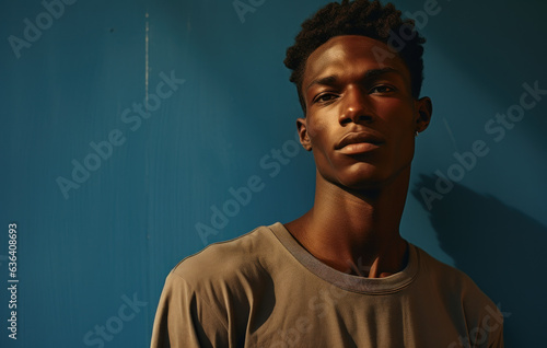 Contrasting Hues of Labor: Young Man in Slumped T-Shirts, Marrying Dark Blue and Sky-Blue, Exemplifying Laborwave, Organic Minimalism, and Carpetpunk Aesthetics photo