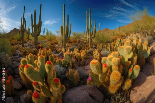 Living desert: Tall, colorful cacti in contrast, under deep blue skies., generative IA