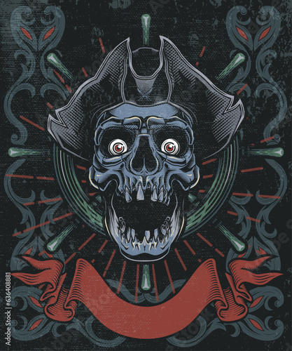 Ghost Pirate vintage label poster. Vector illustration in engraving technique of pirate skull with hat on decorative dark grunge background.