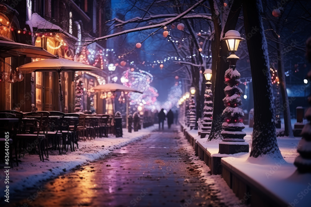 Night city winter snowy street decorated with luminous garlands and lanterns for christmas, urban preparations for new year