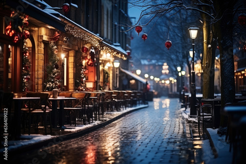 Night city winter snowy street decorated with luminous garlands and lanterns for christmas, urban preparations for new year © staras