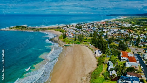 Aerial view of Yamba Main Beach against the ocean on a sunny day