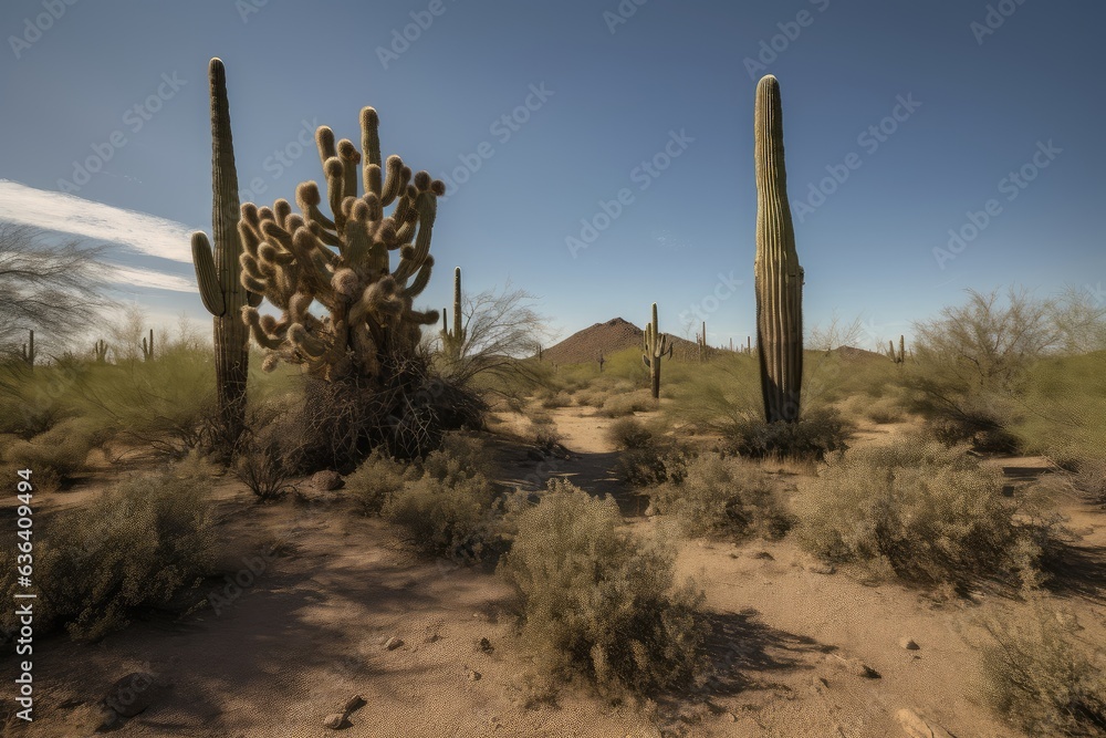 Desert adorned by tall cacti and burning sun., generative IA