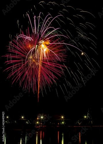 Vibrant festive fireworks over the Meridian Highway Bridge at night