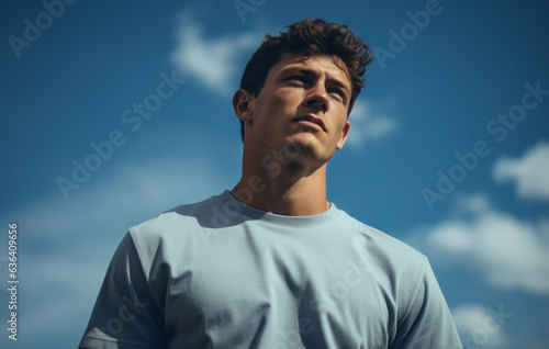 Contrasting Hues of Labor: Young Man in Slumped T-Shirts, Marrying Dark Blue and Sky-Blue, Exemplifying Laborwave, Organic Minimalism, and Carpetpunk Aesthetics photo