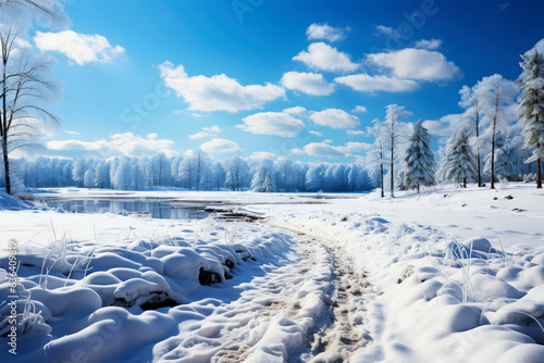 Snowy winter landscape in the countryside, a path among trees covered with frost, cold season wallpaper © staras