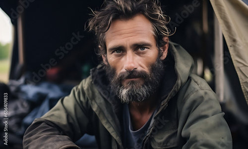 Middle Aged Man living in Tent City for the Homeless - Generative Ai