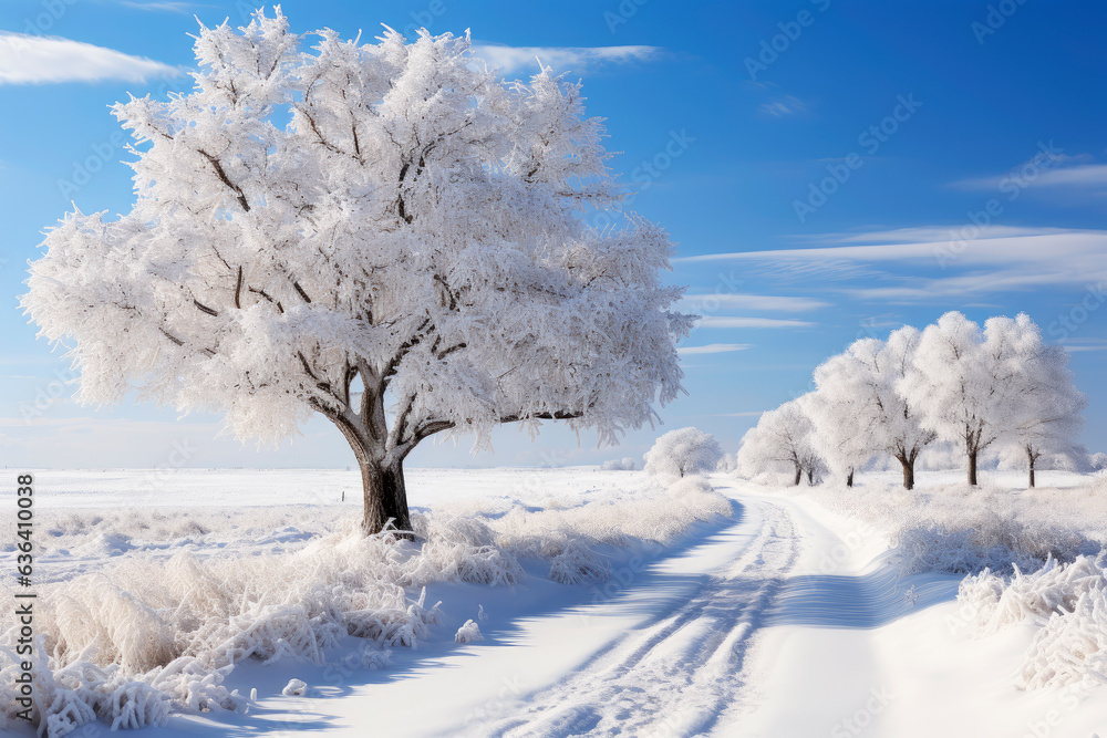 Snowy winter landscape in the countryside, a path among trees covered with frost, cold season wallpaper Snowy winter landscape in the countryside, a path among trees covered with frost, cold season wallpaper