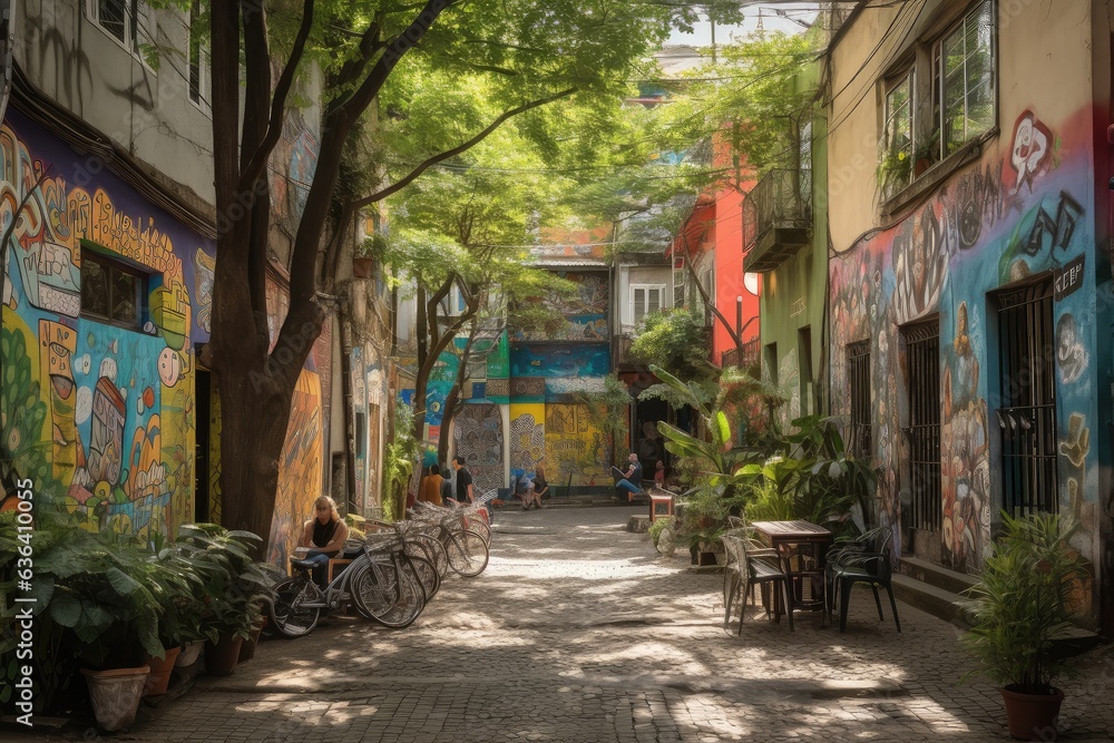 Urban scene in Pinheiros: tall pines, vibrant graffiti, cozy cafes and colorful market., generative IA