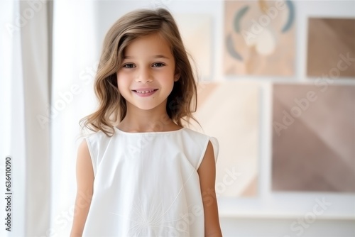 Portrait of a cute little girl in a white dress at home photo