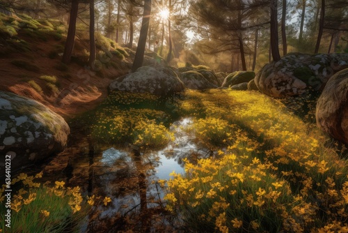 Serene scenery: stream, tall pines, colorful flowers., generative IA