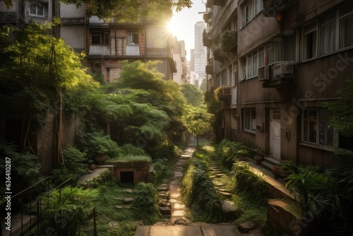 Urban-natural contrast: sunny Pinheiros, bustling life and serene river., generative IA © Lindamar