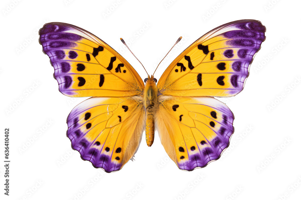 butterfly in violet and yellow in flight isolated on white background. Generative AI butterfly in violet and yellow in flight isolated on white background. Generative AI