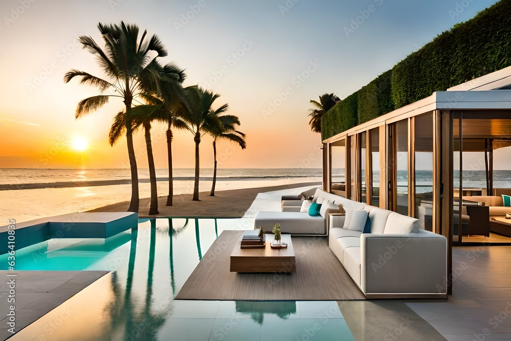 Fototapeta premium A high-end coastal resort boasting a chic beach lounge area, strategically placed beneath towering palm trees. The lounge features modern minimalist design, with sleek white furniture.