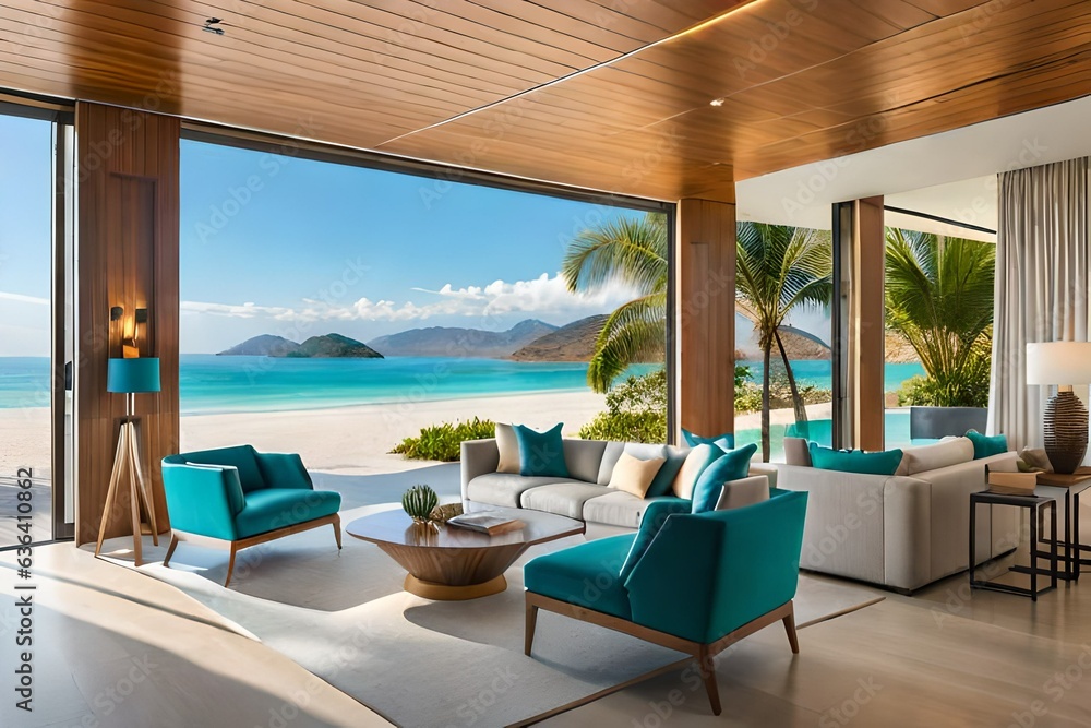 A high-end coastal resort boasting a chic beach lounge area, strategically placed beneath towering palm trees. The lounge features modern minimalist design, with sleek sky blue furniture.