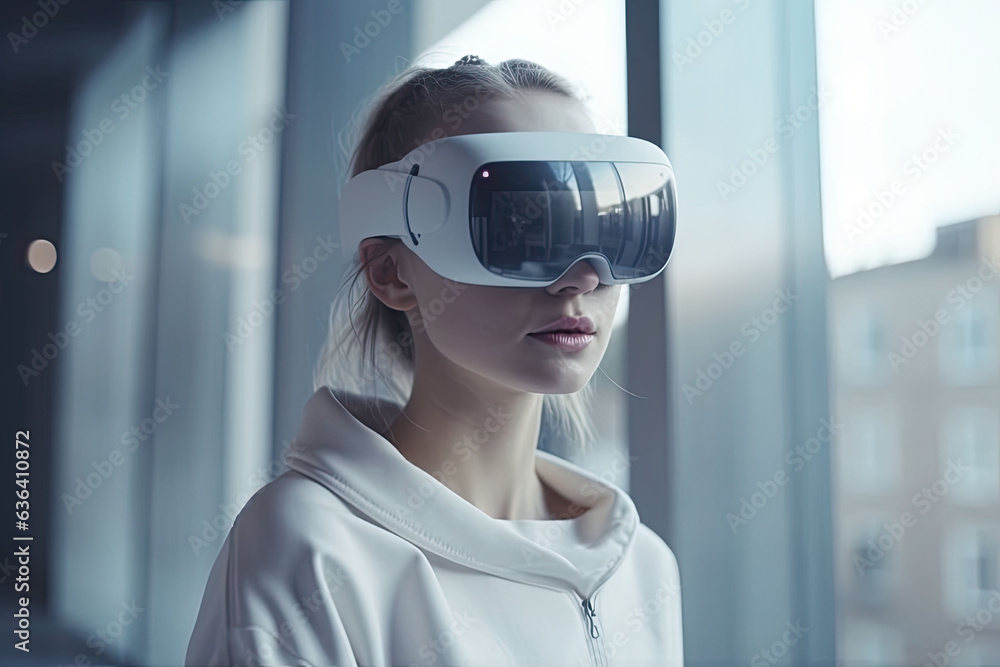 Woman using virtual reality headset. VR gadgets, , education online or game concept. Generative AI