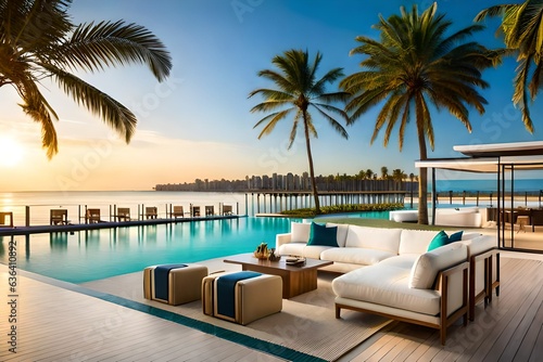 A high-end coastal resort boasting a chic beach lounge area, strategically placed beneath towering palm trees. The lounge features modern minimalist design, with sleek white furniture. © sarmad