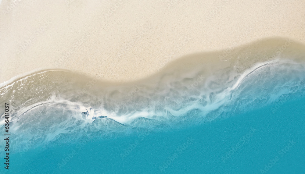 Abstract white sand beach with transparent water wave from above, concept banner background photo