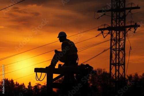 Silhouettes of workers on high-voltage towers, Electrical Engineers and Workers.