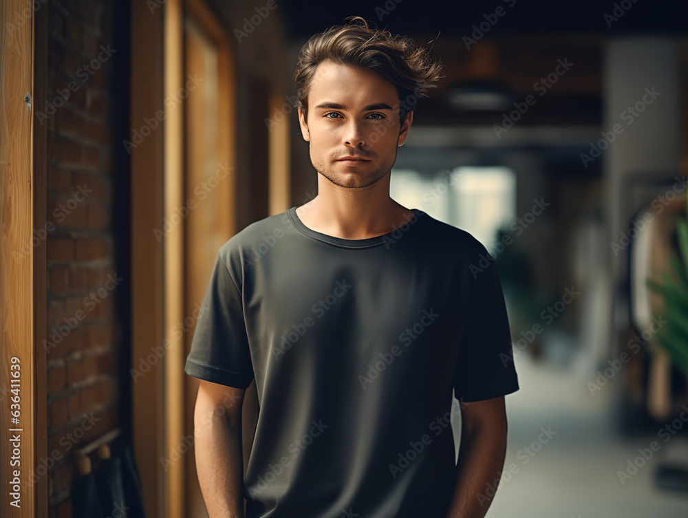 man standing while wearing black empty mock-up shirt, tshirt man standing while wearing black empty mock-up shirt, tshirt