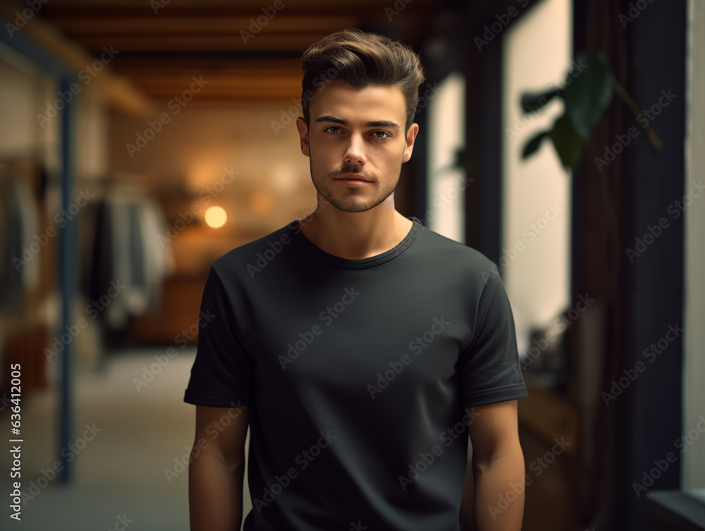 man standing while wearing black empty mock-up shirt, tshirt man standing while wearing black empty mock-up shirt, tshirt