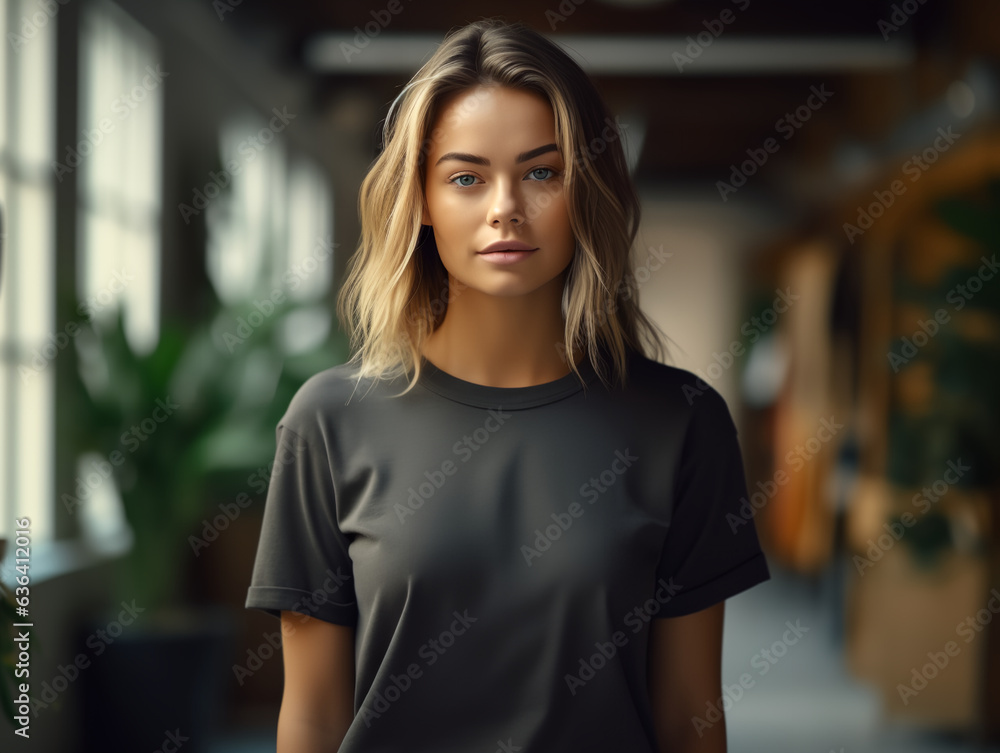 girl standing while wearing black empty mock-up shirt, tshirt girl standing while wearing black empty mock-up shirt, tshirt